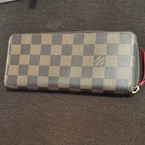 Louis Vuitton Brown and Tan Checkered Wallet with Red Accent